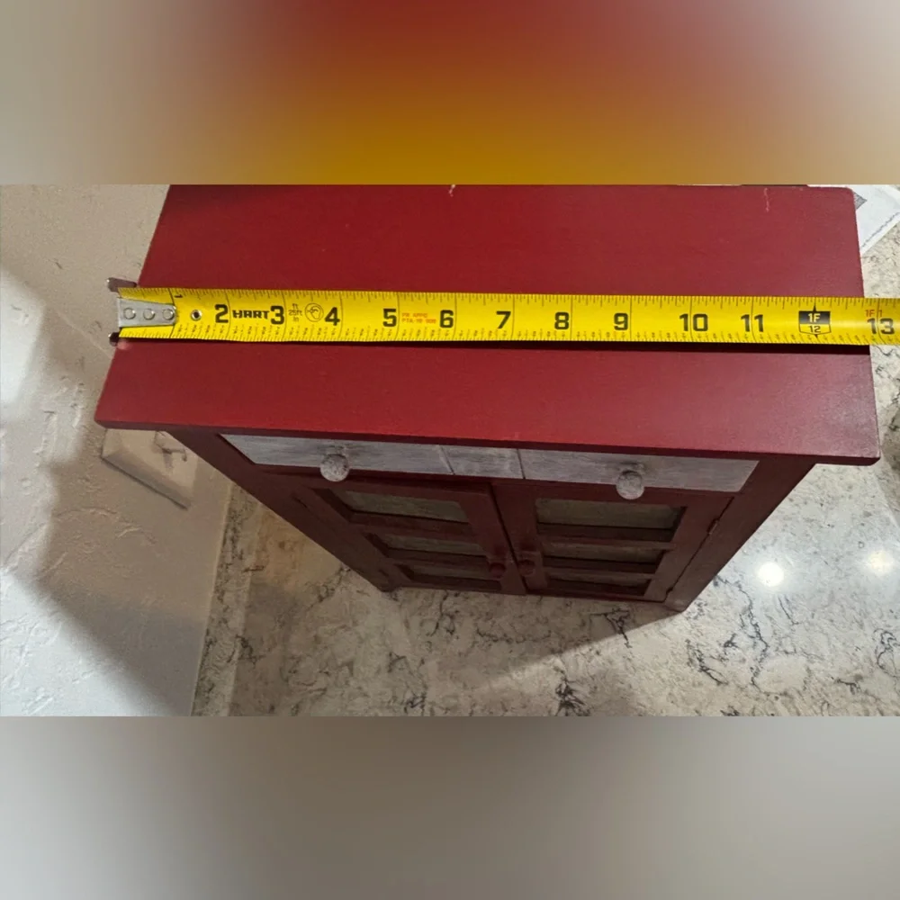 Red Small Counter Top Pie Safe Cabinet Distressed White Drawer Tin-Style Panels